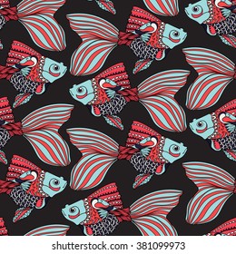 Zentangle fish seamless pattern. Hand  drawn vector illustration.