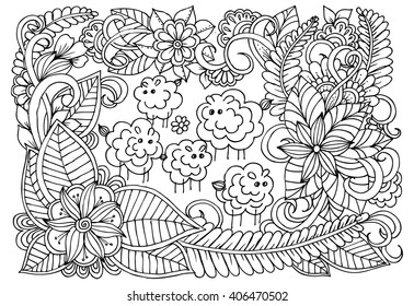 Zentangle. Floral doodles in black and white. Coloring pages for adult. Relaxing job