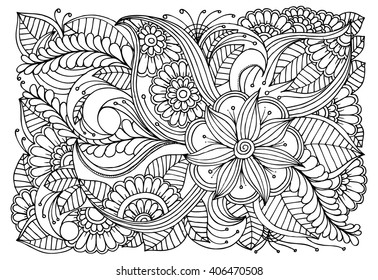 Zentangle. Floral doodles in black and white. Coloring pages for adult. Relaxing job