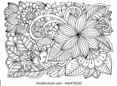 Zentangle. Floral doodles in black and white. Coloring pages for adult. Relaxing job