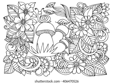 Zentangle. Floral doodles in black and white. Coloring pages for adult. Relaxing job