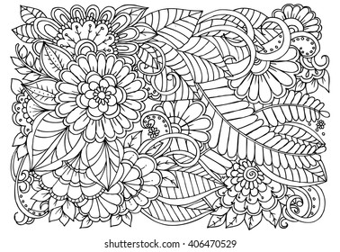 Zentangle. Floral doodles in black and white. Coloring pages for adult. Relaxing job