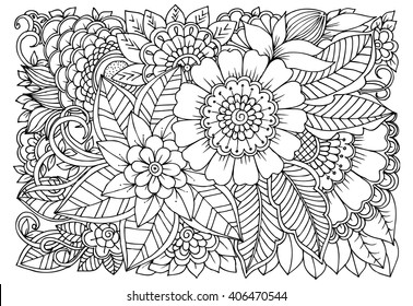 Zentangle. Floral doodles in black and white. Coloring pages for adult. Relaxing job