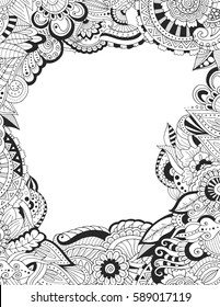 Zentangle floral frame border. Doodle postcard template empty in the middle. Adult coloring book page