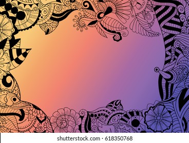 Zentangle floral frame border on sunset gradient background. Wedding invitation template
