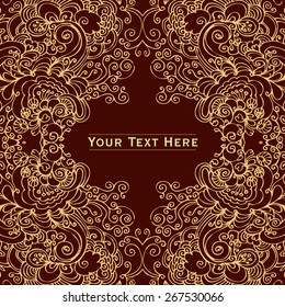 Zentangle floral frame greeting card template in brown colors with swirls. Seamless vector pattern with a space for text. Elegant endless texture for invitation card, wrapping paper, web page, print