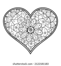 Zentangle floral heart coloring page. Black and white love pattern for antistress coloring book. Valentine’s Day mandala. Vector illustration