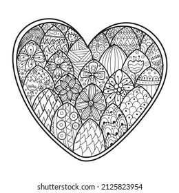 Zentangle floral heart coloring page. Black and white love pattern for antistress coloring book. Valentine’s Day mandala. Vector illustration