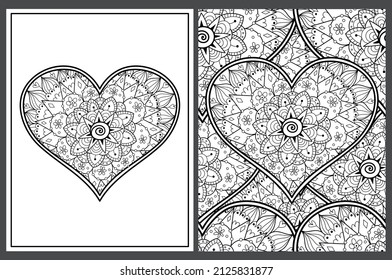 Zentangle floral heart coloring pages set in US Letter format. Black and white love patterns for antistress coloring book. Valentine’s Day mandala. Vector illustration