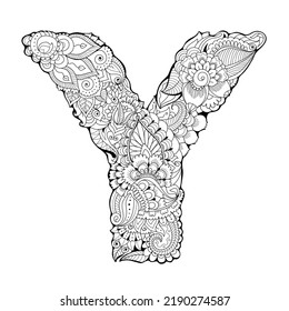 Zentangle floral letter Y. Adult coloring book style symbol
