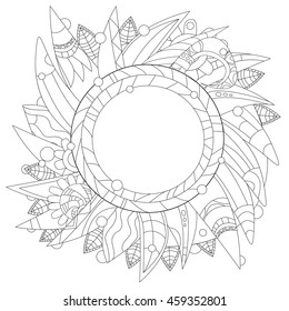Zentangle floral mandala empty in the middle to put text. Flowers. Doodle. Element for adult coloring books.