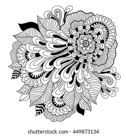 Zen-tangle floral pattern. Indian style. Coloring page for adult coloring book
