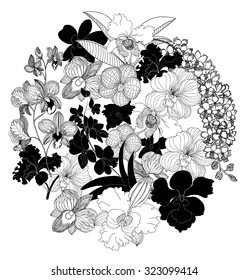  zentangle flower in circle shape, doodle art  Orchid Flower 