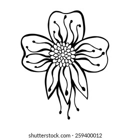 Zentangle flower. The image is hand-drawn. Black outline on a white background. Rough handwritten outlines a fabulous flower. For design  printing  design, fashion design, jewelry, souvenirs, web