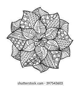 Zentangle flower mandala for coloring book and adults. Made by trace from personal hand drawn  sketch. Vector illustration in flat style. Perfect for laser cutting