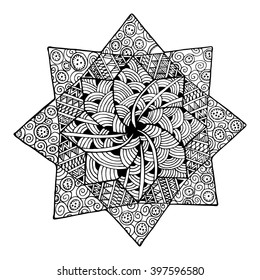 Zentangle flower mandala for coloring book and adults. Made by trace from personal hand drawn flower mandala sketch. Flower mandala in vector. Modern flower mandala in flat style. Black and white