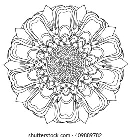 Zentangle flower mandala, floral rosette, page for adult coloring book, vector design