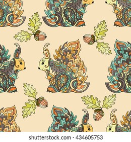 Zentangle forest seamless pattern. Vector squirrel illustration. Hand painted squirrels, acorn, oak leaves green on a gentle background. Boho styled.