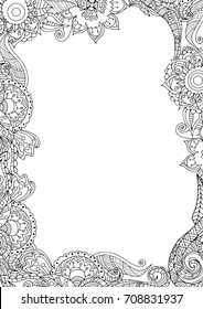 Zentangle frame border in adult coloring book style. Wedding invitation template.