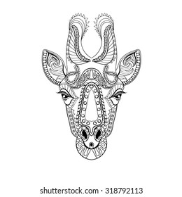 Zentangle Giraffe head totem for adult anti stress Coloring Page for art therapy, illustration in doodle style. Vector monochrome sketch with high details isolated on white background.