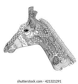 Zentangle giraffe isolated on white background. Doodle coloring for adults
