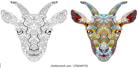 Zentangle goat head. Hand drawn decorative vector illustration for coloring. Color and outline set