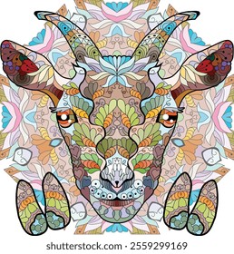 Zentangle goat head hooves on mandala. Hand drawn decorative vector illustration