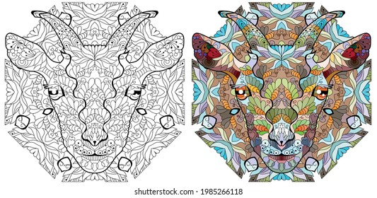 Zentangle goat head with mandala. Hand drawn decorative vector illustration for coloring. Color and outline set