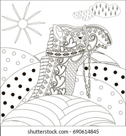 Zentangle hand drawn black and white heels, camel head anti stress vector illustration