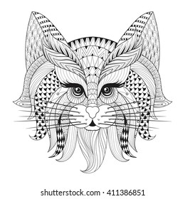 Zentangle Hand drawn Cat face for adult antistress coloring pages, post card, t-shirt print, logo. Animal illustration  in doodle style, tattoo monochrome design.