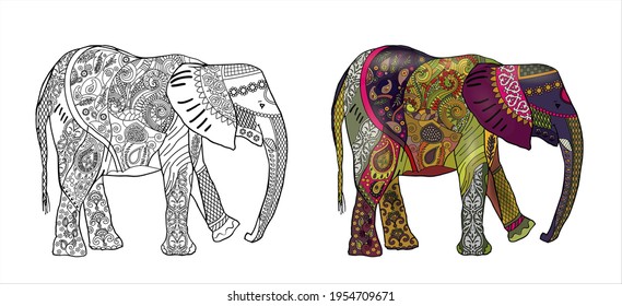 Zentangle hand drawn elephant for coloring. Exotic animal in graphic lines with ethnic ornaments. Vector illustration isolated on white background. 