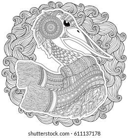 Zentangle Hand drawn Stork for adult anti stress coloring pages, post card, t-shirt print, Wedding invitation. Bird illustration in doodle style, tattoo monochrome design. Animal sketch.