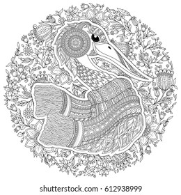 Zentangle Hand drawn Stork for adult anti stress coloring pages, post card, t-shirt print, Wedding invitation. Bird illustration in doodle style, tattoo monochrome design. Animal sketch.