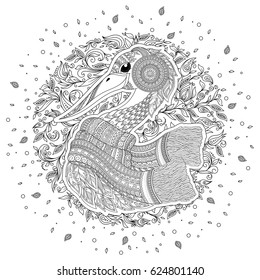 Zentangle Hand drawn Stork for adult anti stress coloring pages, post card, t-shirt print, Wedding invitation. Bird illustration in doodle style, tattoo monochrome design. Animal sketch.