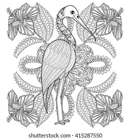 Zentangle Hand drawn Stork in Hibiscus for adult antistress coloring pages, post card, t-shirt print, fabric. Exotic Bird illustration in doodle style, tattoo monochrome design. Animal sketch.