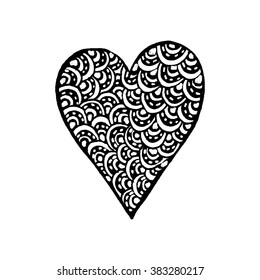 Zentangle hand drawn vector heart. Black and white sketched element. Adult coloring book vector template.