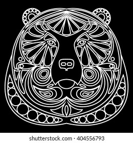 Zentangle the head of the bear. Florid ornament . Black and white background . Insulated snout. Icon bear. line art . flat style