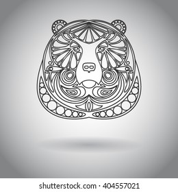 Zentangle the head of the bear. Florid ornament . Black and white background . Insulated snout. Icon bear . line art . flat style