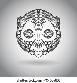 Zentangle is the head of a lemur. Florid ornament . Black and white background . The isolated face of a lemur. Icon lemur. line art . flat style