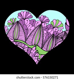 Zentangle heart  with abstract floral pattern inside. Design element for Valentine`s day.