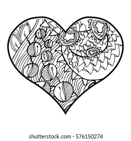 Zentangle heart  with abstract floral pattern inside. Design element for Valentine`s day. Adult coloring book page. Black and white.