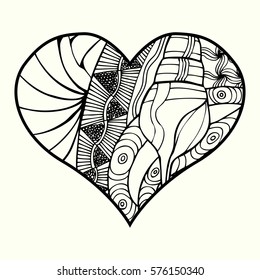 Zentangle heart  with abstract floral pattern inside. Design element for Valentine`s day. Adult coloring book page. Black and white.