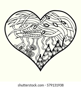 Zentangle heart  with abstract floral pattern inside. Design element for Valentine`s day. Adult coloring book page. Black and white.