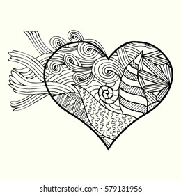 Zentangle heart  with abstract floral pattern inside. Design element for Valentine`s day. Adult coloring book page. Black and white.