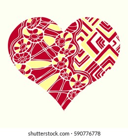 Zentangle heart  with abstract floral pattern inside. Design element for Valentine`s day. Adult coloring book page. Black and white.