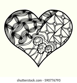 Zentangle heart  with abstract floral pattern inside. Design element for Valentine`s day. Adult coloring book page. Black and white.