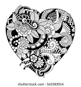 Zentangle Floral Heart Black White Vector Stock Vector (Royalty Free ...