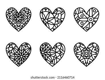 Zentangle heart. Mandala style design for St. Valentine day cards. Coloring book pattern. Vector black and white doodle illustration.