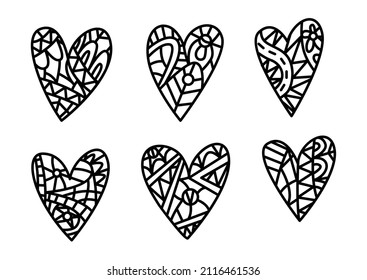 Corazón de Zentangle. Diseño de estilo Mandala para tarjetas de San Valentín. Patrón de libro de color. Ilustración vectorial de doodle en blanco y negro.