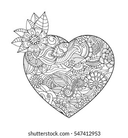 Zentangle heart silhouette with floral pattern inside in adult colouring book style. Design element for  Valentine`s day